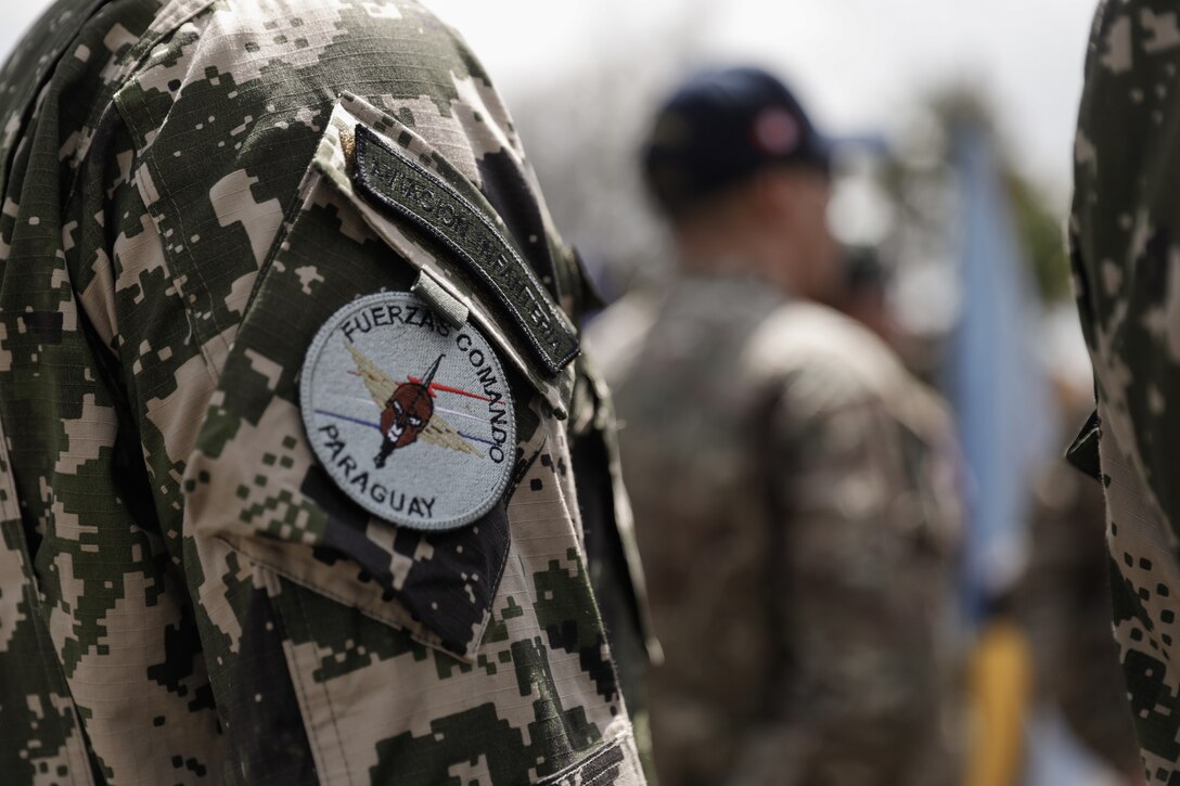 A Paraguayan special operations soldier stands in formation during the opening ceremony for Fuerzas Comando 23 at Santo Domingo, Dominican Republic, June 12 2023.