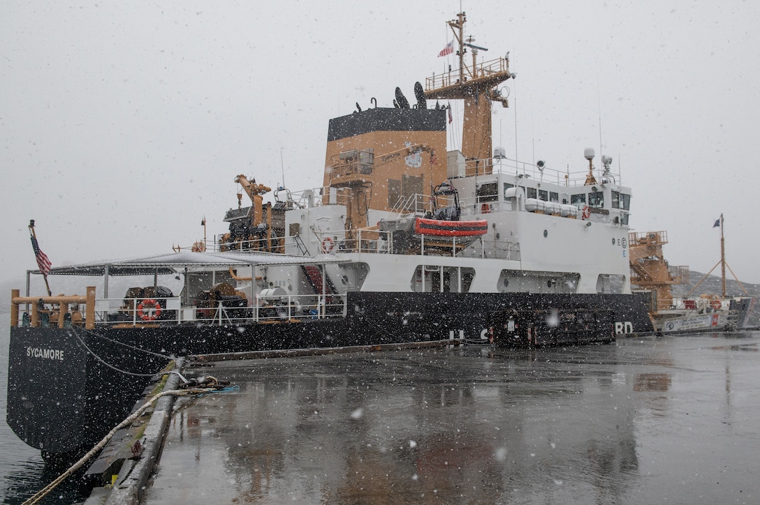 U.S. Coast Guard Cutter Sycamore moored in Nuuk, Greenland, June 10, 2023. Sycamore is participating in exercise Argus, a joint search and rescue and marine environmental response exercise that includes assets from the United States, Denmark, Greenland, and France. (U.S. Coast Guard photo by Petty Officer 2nd Class Ryan Schultz)