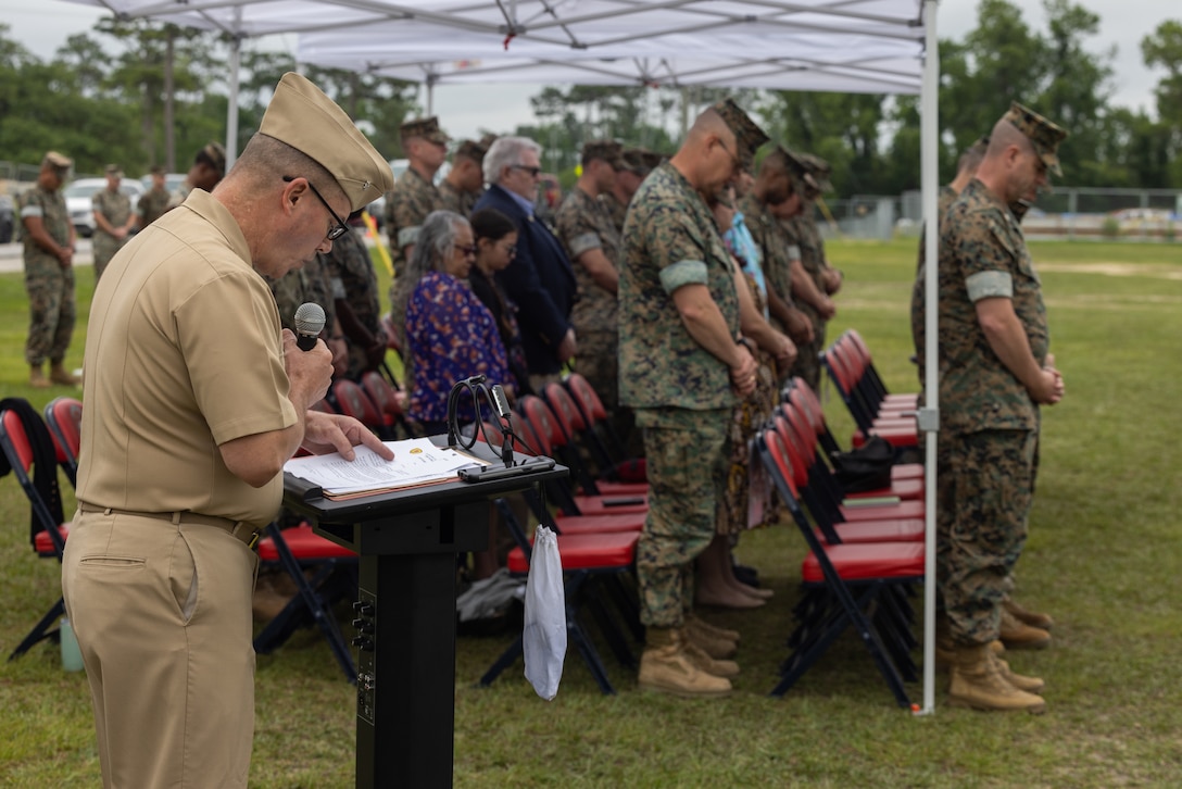 U.S. Navy Chaplain Cmdr. Jeffrey Perry, a Navy chaplain with 10th Marine Regiment, 2d Marine Division, gives the invocation during the Fire Support Battery (FSB) Change of Command on Camp Lejeune, North Carolina, June 2, 2023.