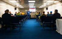 Chaplain Emmanuel Reynaerts, a Secular Humanist Chaplain from the Belgian Navy, gives a lecture aboard the Blue Ridge-class command and control ship USS Mount Whitney (LCC 20) during exercise Baltic Operations 2023 (BALTOPS 23). BALTOPS 23 is the premier maritime-focused exercise in the Baltic Region. The exercise, led by U.S. Naval Forces Europe-Africa and executed by Naval Striking and Support Forces NATO provides a unique training opportunity to strengthen the combined response capability critical to preserving the freedom of navigation and security in the Baltic Sea. (U.S. Navy photo by Mass Communication Specialist 2nd Class Mario Coto)