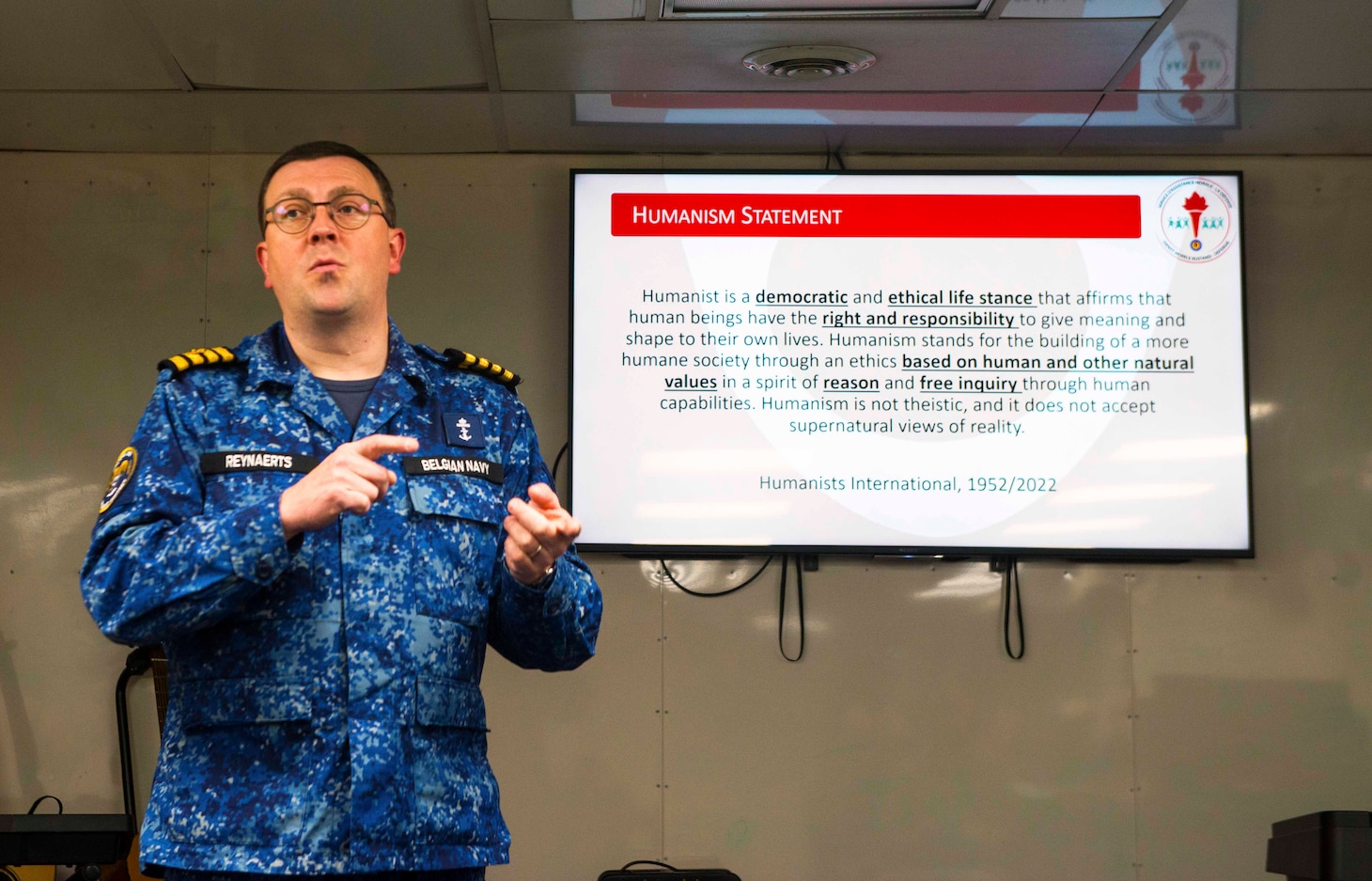 Chaplain Emmanuel Reynaerts, a Secular Humanist Chaplain from the Belgian Navy, gives a lecture aboard the Blue Ridge-class command and control ship USS Mount Whitney (LCC 20) during exercise Baltic Operations 2023 (BALTOPS 23). BALTOPS 23 is the premier maritime-focused exercise in the Baltic Region. The exercise, led by U.S. Naval Forces Europe-Africa and executed by Naval Striking and Support Forces NATO provides a unique training opportunity to strengthen the combined response capability critical to preserving the freedom of navigation and security in the Baltic Sea. (U.S. Navy photo by Mass Communication Specialist 2nd Class Mario Coto)