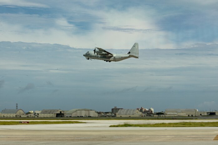 A U.S. Marine C-130 with Marine Aerial Refueler Transport Squadron 152, 1st Marine Aircraft Wing, takes off at Kadena Air Base, Okinawa, Japan, June 9, 2023. 3rd Landing Support Battalion, 3rd Marine Logistics Group is conducting Combined Distribution Exercise 23 in South Korea alongside the Republic of Korea Navy, the ROK Army, the U.S. Army, the U.S. Air Force and the U.S. Navy. 3rd LSB is providing fuel, water, ground and air transportation to enable the sustainment and distribution of the CDEX force.