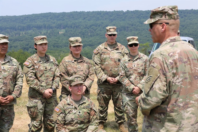Maj. Gen. Thomas Spencer, commanding general of the New York National Guard's 42nd Infantry Division, talks with Soldiers participating a Warfighter exercise June 11, 2023, at Fort Indiantown Gap, Pa. (U.S. Army National Guard photo by Staff Sgt. Trevor Cullen)