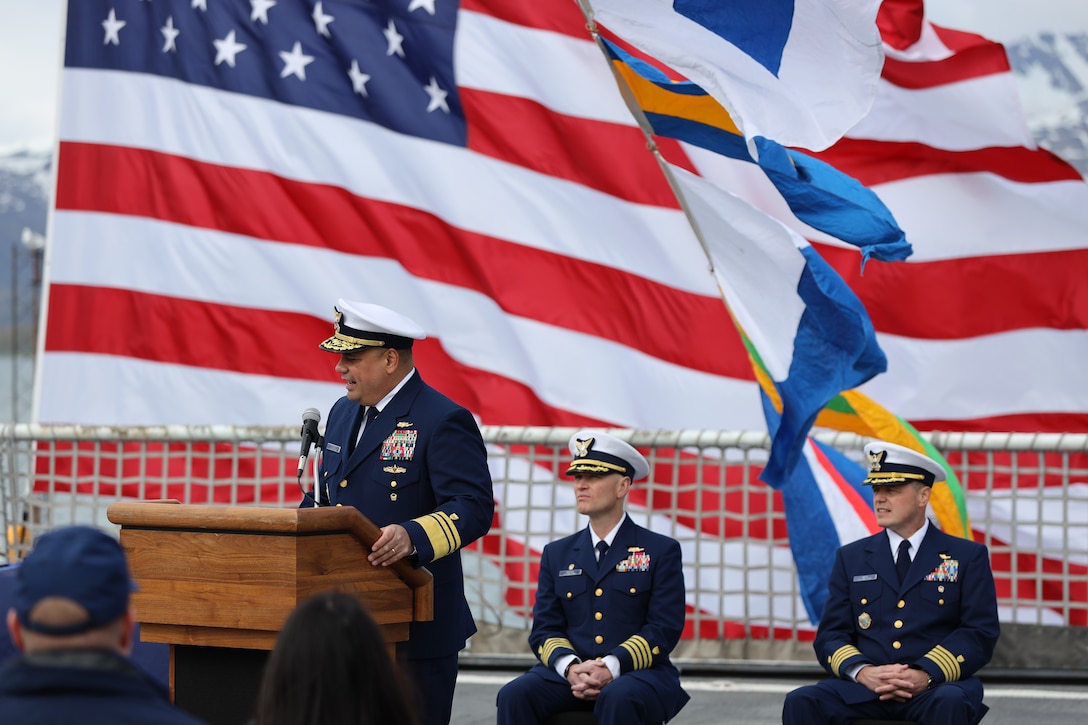 U.S. Coast Guard Rear Adm. Andrew Tiongson, Pacific Area commander, presides over the Coast Guard Cutter Bertholf's change of command ceremony in Kodiak, Alaska, June 12, 2023. A change of command ceremony marks a transfer of total responsibility and authority from one individual to another, and it is a time-honored tradition to formally demonstrate the continuity of authority within a command conducted before the assembled crew and esteemed guests and dignitaries. (U.S. Coast Guard photo by Chief Petty Officer Oliver Fernander)