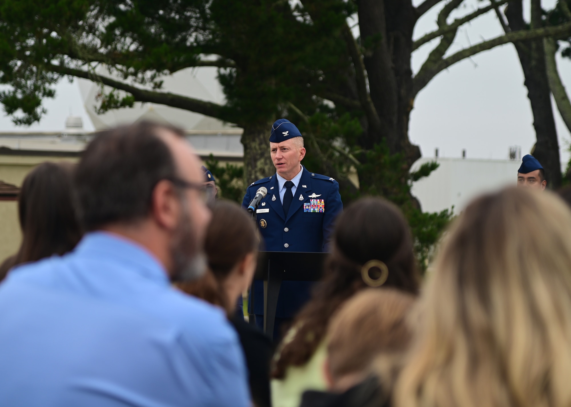 U.S. Space Force Col. Christopher Kennedy, Space Delta 6 commander, provides opening remarks during the 21st Space Operations Squadron change of command ceremony on Vandenberg Space Force Base, Calif., June 9, 2023. U.S. Space Force Lt. Col. Matthew Knepper assumed command of the 21st SOPS, taking the place of Lt. Col. Justin Roque. (U.S. Space Force Photo by Airman 1st Class Ryan Quijas)