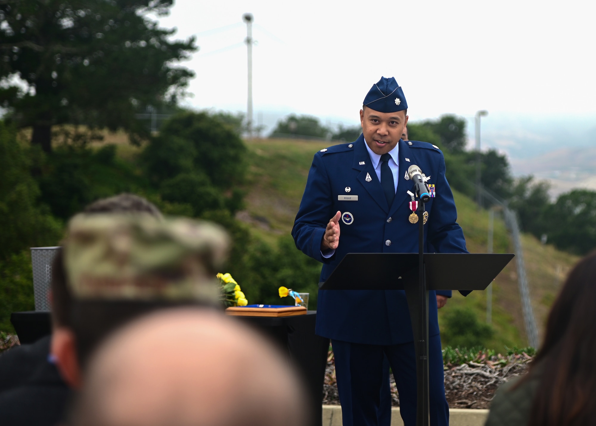 U.S. Space Force Lt. Col. Justin Roque, outgoing 21st Space Operations Squadron commander, gives a speech during a change of command ceremony on Vandenberg Space Force Base, Calif., June 9, 2023. Following his tenure at the 21st SOPS, Roque will join Space Delta 6’s front office as the vice commander. (U.S. Space Force Photo by Airman 1st Class Ryan Quijas)