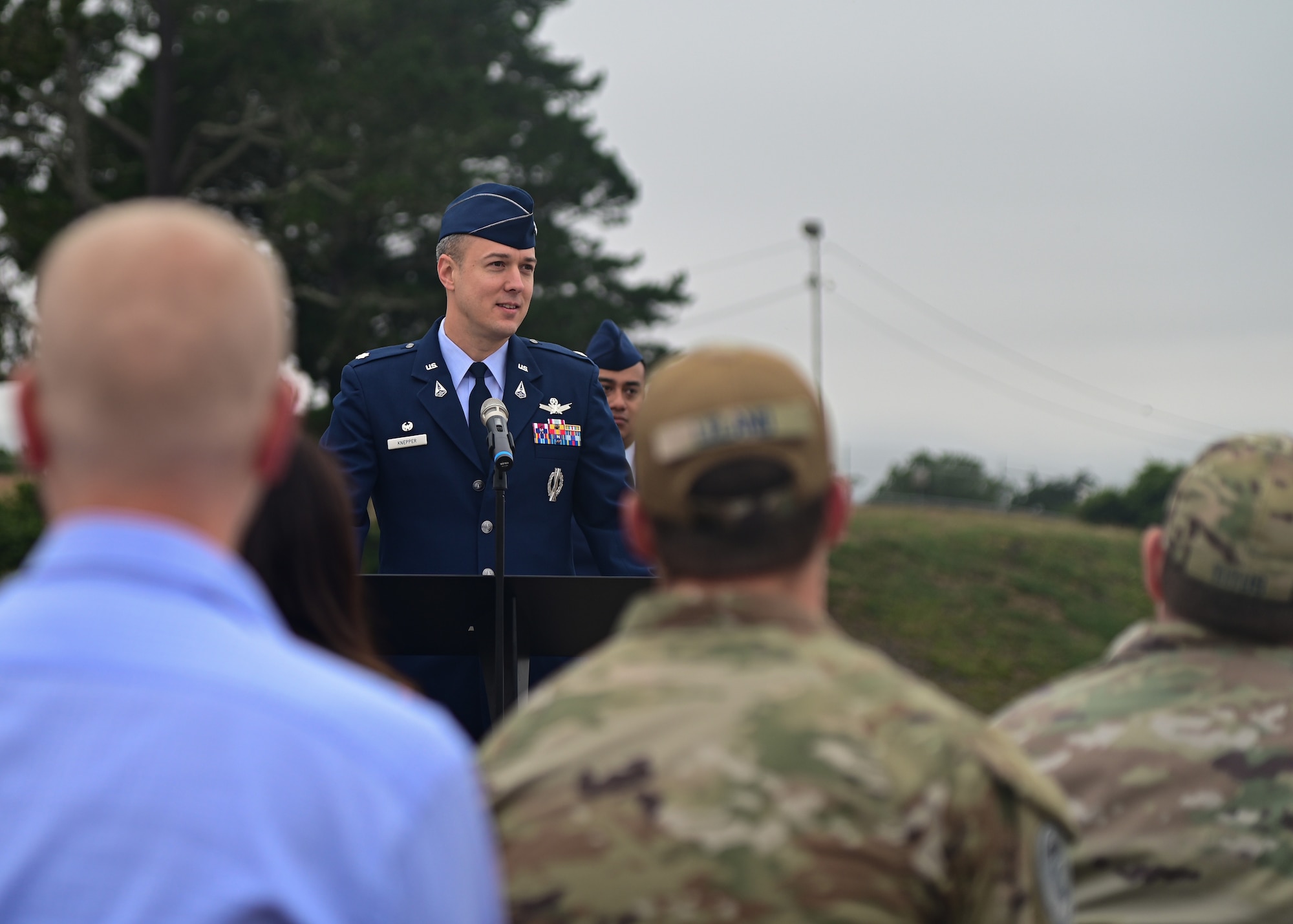 U.S. Space Force Lt. Col. Matthew Knepper, incoming 21st Space Operations Squadron commander, gives closing remarks following a change of command ceremony on Vandenberg Space Force Base, Calif., June 9, 2023. Knepper will replace U.S. Space Force Lt. Col. Justin Roque as the new 21st SOPS commander. (U.S. Space Force Photo by Airman 1st Class Ryan Quijas)