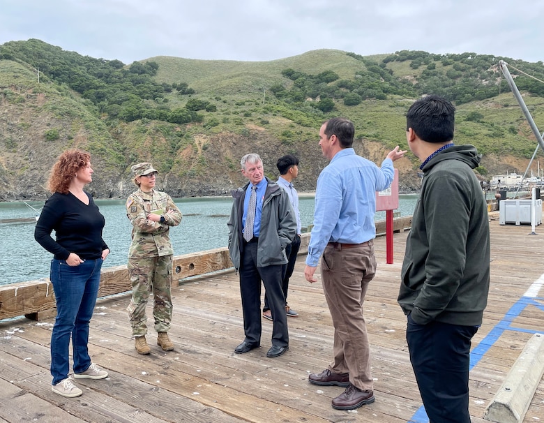 Accompanied by a team with the U.S. Army Corps of Engineers Los Angeles District, Col. Julie Balten, second from left, LA District commander, visits May 24 with partners with the Port San Luis Harbor District near Avila Beach, California. From left to right: Suzy Watkins, director of the Port San Luis Harbor District; Balten; Steve Dwyer, chief of the LA District's Navigation Branch; Brian Kim, project manager with the Navigation Branch; Chris Munson, Port San Luis Harbor District facilities manager; and Blake Horita, also project manager with the Navigation Branch.