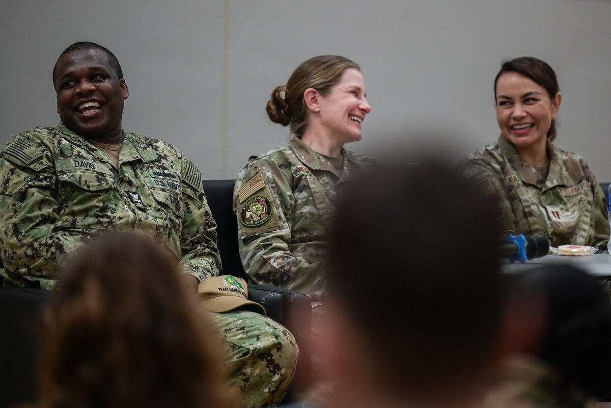 Service members share their life experiences during a “Don’t ask, don’t tell” discussion panel at Joint Base Pearl Harbor-Hickam, Hawaii, June 9, 2023. The policy was repealed on Sept. 20, 2011, allowing airmen to serve regardless of their sexual orientation. (U.S. Air Force photo by Staff Sgt. Alan Ricker)