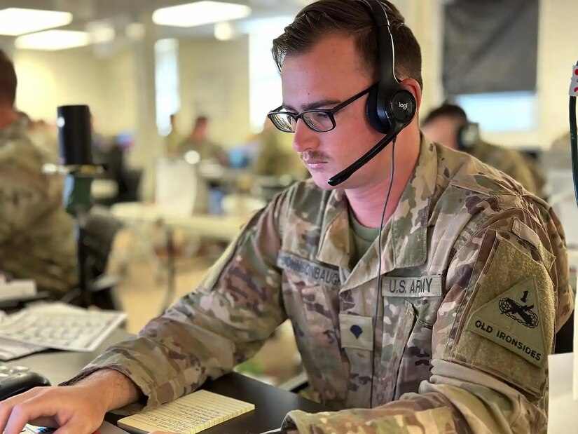 A Soldier from the 1st Armored Division from Fort Bliss, Texas, participates in a Warfighter exercise at Fort Indiantown Gap, Pa., on June 4, 2023. (Photo courtesy of the 1st Armored Division)