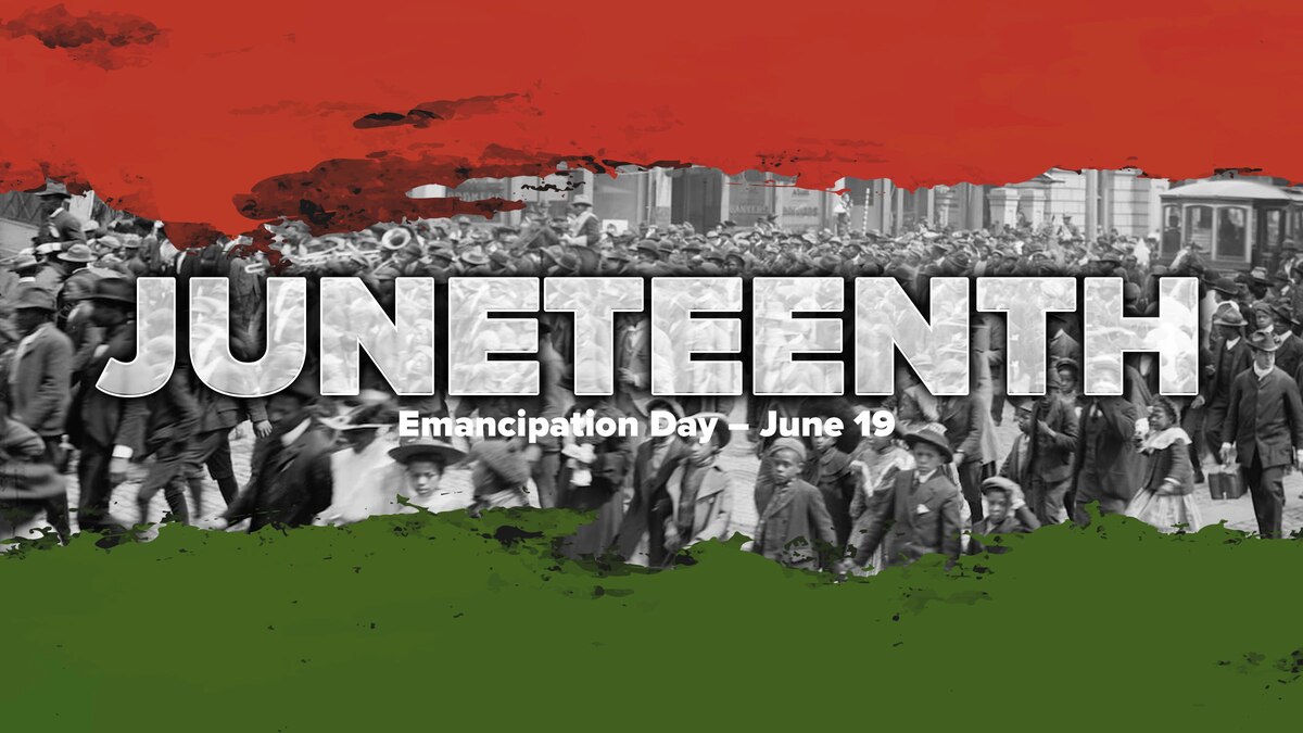 The word Juneteenth overlaid on top of a civil rights event in black and white