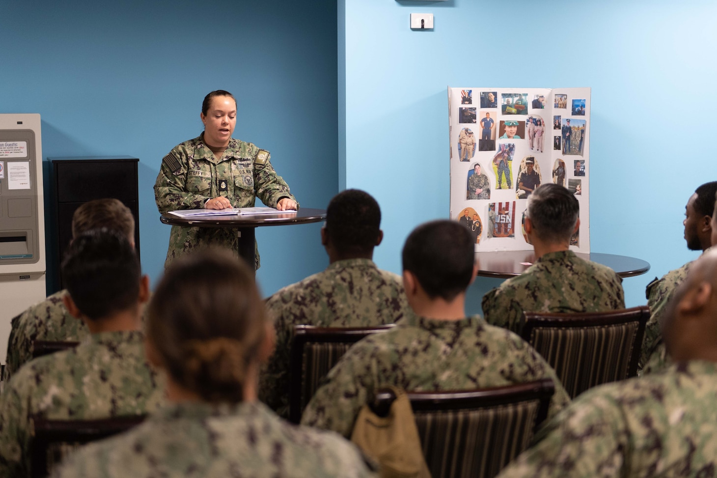 Chief Navy Counselor Megan Steffy, assigned to Naval Support Activity (NSA) Souda Bay, discusses the contributions of women to the U.S. military during a commemoration of the 75th anniversary of the Women’s Armed Services Integration Act on June 12, 2023.