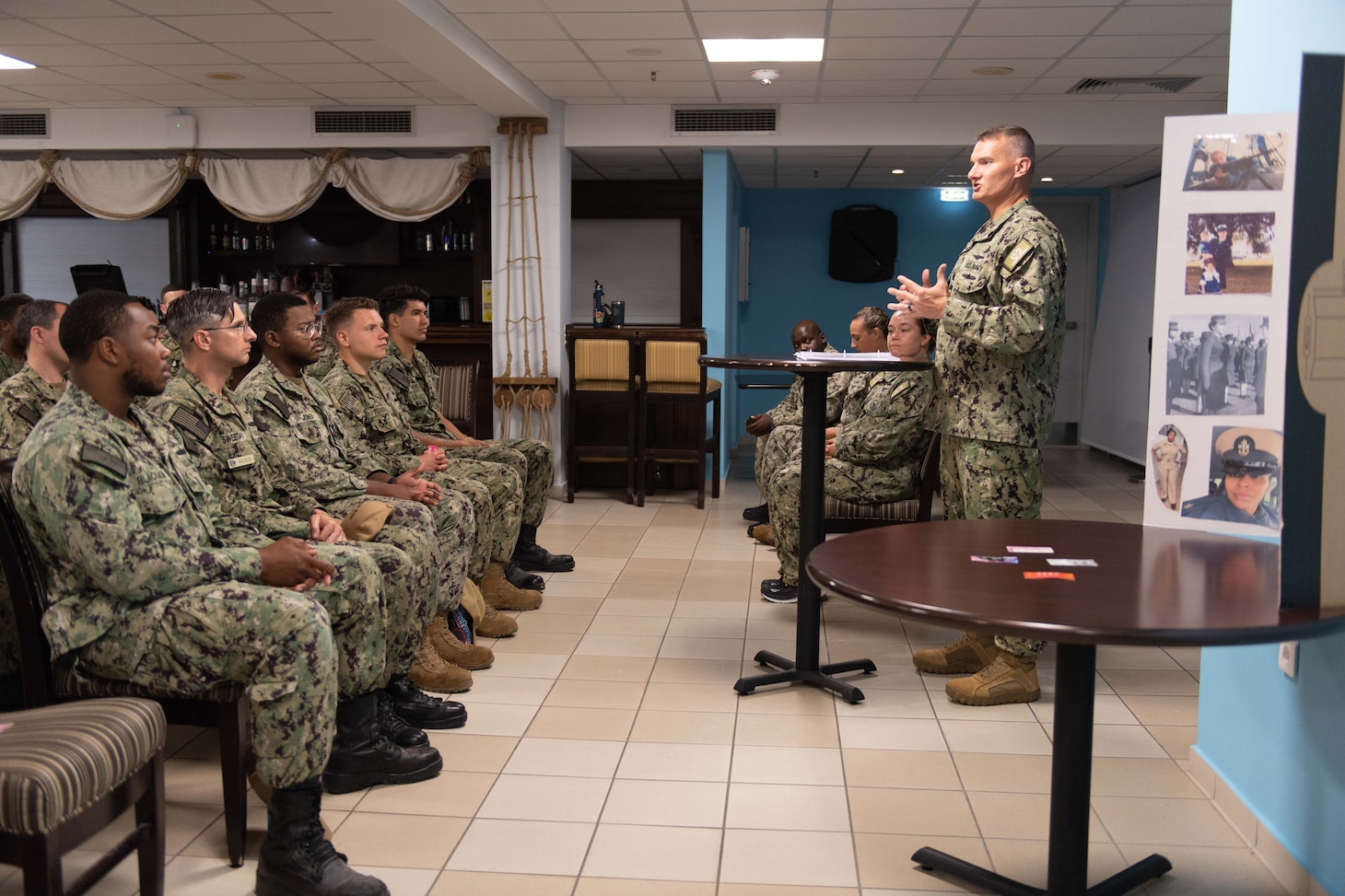 Capt. Odin J. Klug, commanding officer, Naval Support Activity (NSA) Souda Bay, discusses the historic contributions of women to the U.S. military during a commemoration of the 75th anniversary of the Women’s Armed Services Integration Act on June 12, 2023.