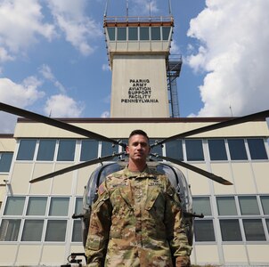 U.S. Army Maj. Mark Martella, commander of the 2-104th General Support Aviation Battalion, 28th Expeditionary Combat Aviation Brigade, 28th Infantry Division, at Muir Army Airfield, Sept. 18, 2022.