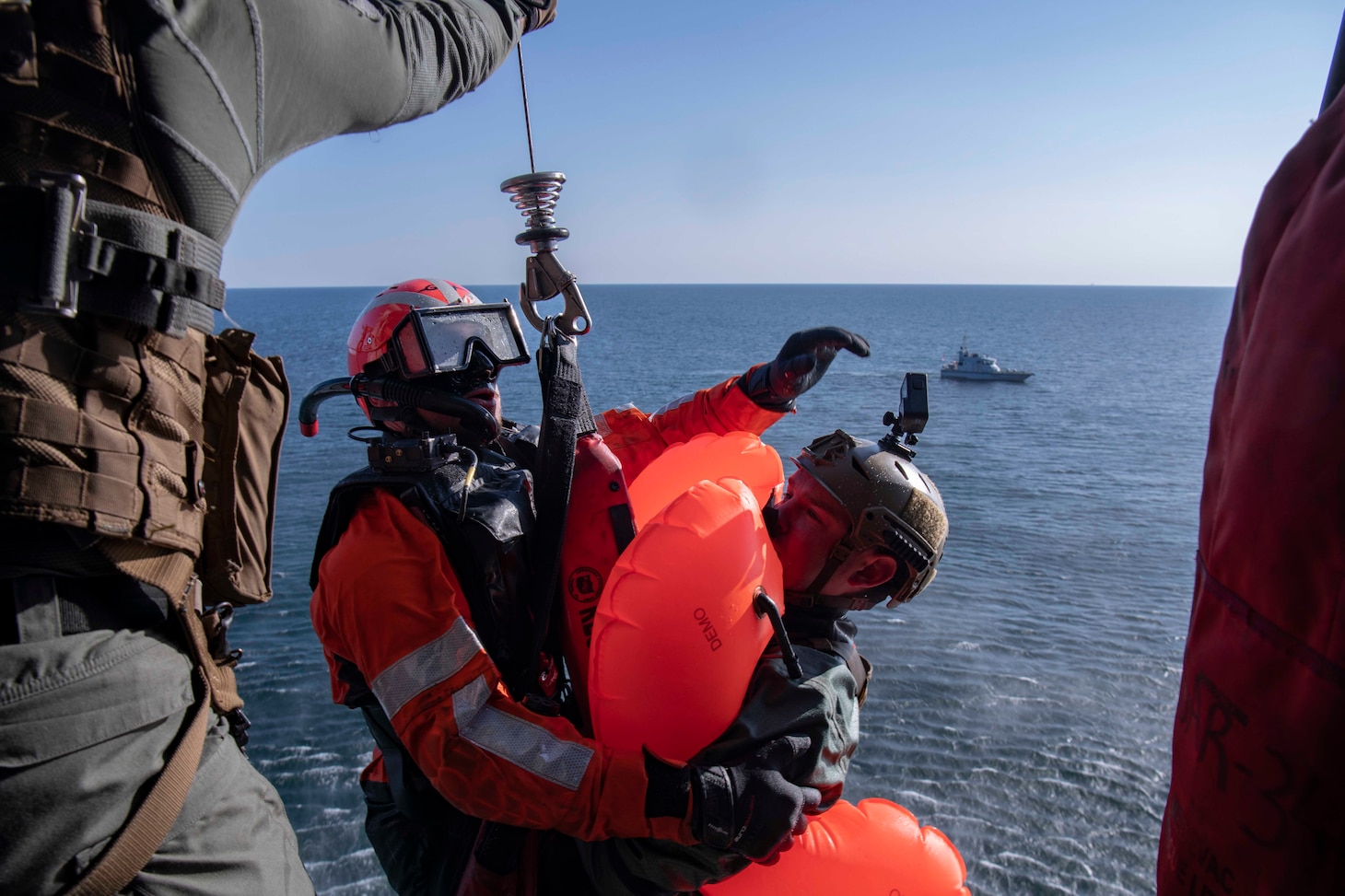 A U.S. Navy Helicopter, attached to USS Mount Whitney, conducts joint personnel recovery exercises with Royal Navy Sailors in the Baltic Sea, June 7, 2023, during exercise Baltic Operations 2023 (BALTOPS 23). BALTOPS 23 is the premier maritime-focused exercise in the Baltic Region. The exercise, led by U.S. Naval Forces Europe-Africa and executed by Naval Striking and Support Forces NATO provides a unique training opportunityto strengthen the combined response capability critical to preserving the freedom of navigation and security in the Baltic Sea. (Courtesy Photo)