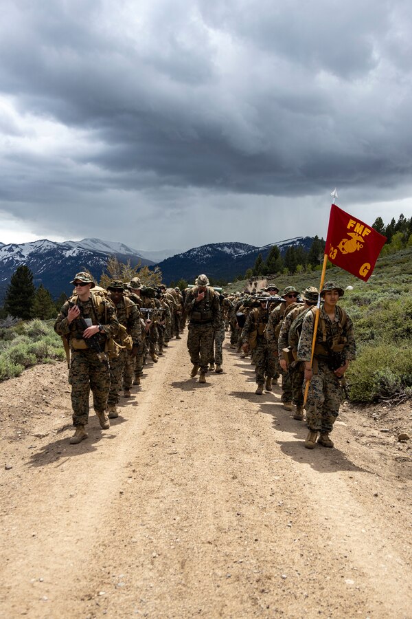 U.S. Marines with Golf Company, 2nd Battalion, 23d Marine Regiment, 4th Marine Division, execute a conditioning hike during Mountain Training Exercise 4-23 at Marine Corps Mountain Warfare Training Center, Bridgeport, California, June 13, 2023. Marines begin MTX by conducting conditioning hikes to acclimate to their environment in preparation for increasingly difficult training that will prepare them for the challenges of operating in a mountainous environment. (U.S Marine Corps photo by Lance Cpl. Samwel Tabancay)