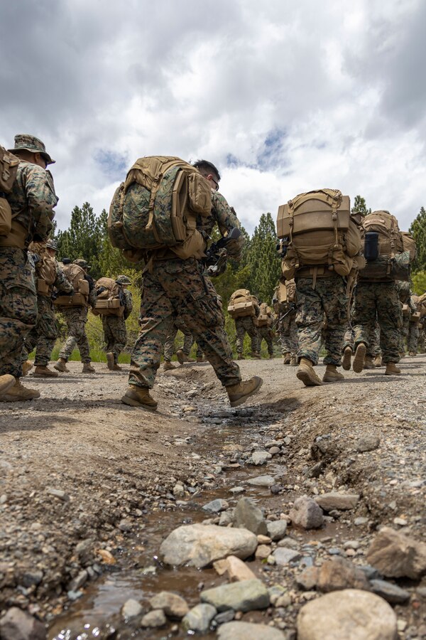U.S. Marines with Golf Company, 2nd Battalion, 23d Marine Regiment, 4th Marine Division, execute a conditioning hike during Mountain Training Exercise 4-23 at Marine Corps Mountain Warfare Training Center, Bridgeport, California, June 13, 2023. Marines begin MTX by conducting conditioning hikes to acclimate to their environment in preparation for increasingly difficult training that will prepare them for the challenges of operating in a mountainous environment. (U.S Marine Corps photo by Lance Cpl. Samwel Tabancay)