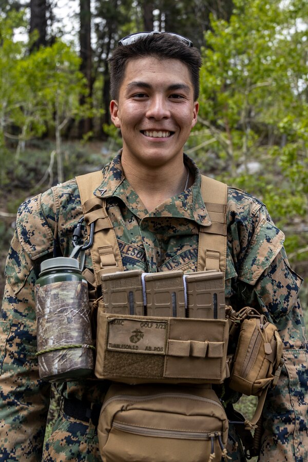 U.S. Marine Corps Lance Cpl. Simon Tumbleson, a squad leader with Golf Company, 2nd Battalion, 23d Marine Regiment, 4th Marine Division, poses for a photo during a conditioning hike during Mountain Training Exercise 4-23 at Marine Corps Mountain Warfare Training Center in Bridgeport, California, June 13, 2023. Marines begin MTX by conducting conditioning hikes to acclimate to their environment in preparation for increasingly difficult training that will prepare them for the challenges of operating in a mountainous environment. Tumbleson is a native of Valencia, CA. (U.S Marine Corps photo by Lance Cpl. Samwel Tabancay)