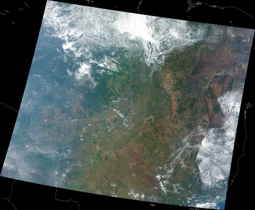 This Moderate resolution Imaging Spectroradiometer (MODIS) true-color image was acquired on October 19, 2000, over a region in Brazil large enough to show much of the country's diverse landscape.  (Courtesy photo)