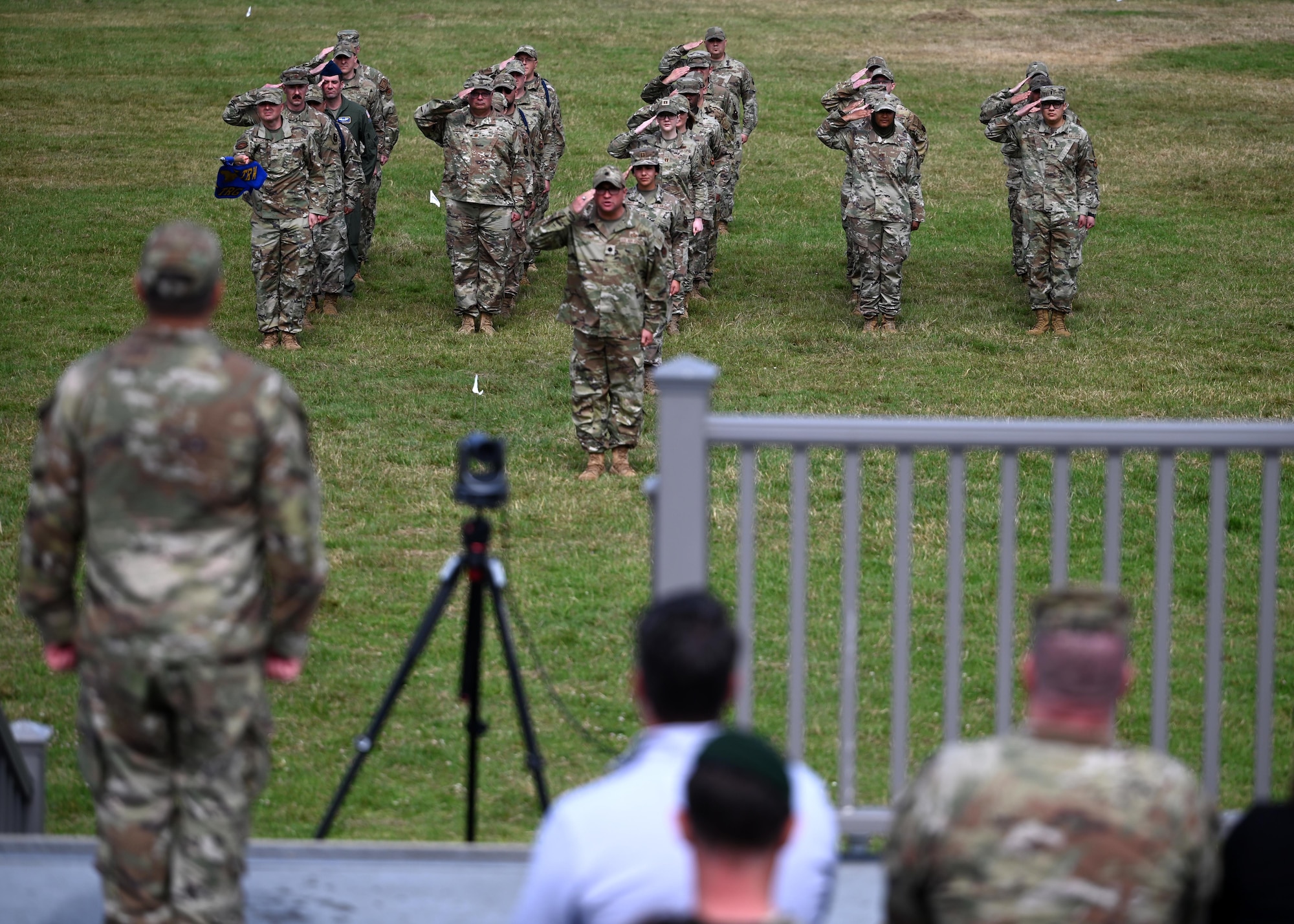 U.S. Air Force Airmen assigned to the 517th Training Group present U.S. Air Force Col. Mark Jones, 517th TRG commander, with his first salute upon taking command on Soldier Field at Presidio of Monterey, Calif., June 14, 2023. The 517th TRG is integrated with the Defense Language Institute Foreign Language Center operated by the Army. DLIFLC is responsible for training more than 3,600 students in more than 24 different foreign languages with a daily student load of approximately 1,300 Air Force students. (U.S. Air Force photo by Senior Airman Sarah Williams)