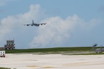 A U.S. Air Force B-52H Stratofortress assigned to the 23rd Bomb Squadron at Minot Air Force Base, North Dakota, prepares to land on the flightline at Andersen Air Force Base, Guam, for a Bomber Task Force deployment, June 12, 2023. U.S. Strategic Command BTF missions help maintain global stability and security by demonstrating the ability to operate in different environments and locations while building ally and partner military capabilities. (U.S. Air Force photo by Tech. Sgt. Zade Vadnais)