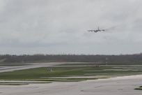A U.S. Air Force B-52H Stratofortress assigned to the 23rd Bomb Squadron at Minot Air Force Base, North Dakota, prepares to land on the flightline at Andersen Air Force Base, Guam, for a Bomber Task Force deployment, June 12, 2023. U.S. Strategic Command BTF missions help maintain global stability and security by demonstrating the ability to operate in different environments and locations while building ally and partner military capabilities. (U.S. Air Force photo by Tech. Sgt. Zade Vadnais)
