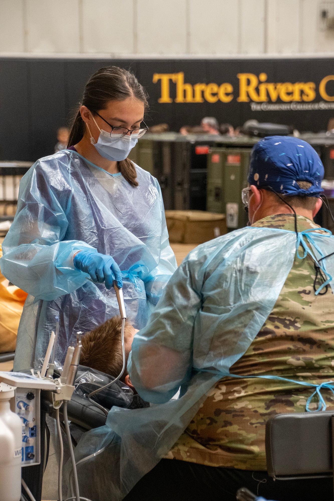 Airman 1st Class Jaycee Davis, a 131st Bomb Wing dental technician, assists with dental procedures June 11, 2023, in Poplar Bluff, Missouri, as part of Operation Healthy Delta Innovative Readiness Training. More than 250 military members will join with civilian organizations to bring no-cost healthcare to communities in Southern Missouri and Illinois while also providing military members with valuable joint force training experience as part of this operation. (U.S. Air National Guard photo by Master Sgt. John E. Hillier)