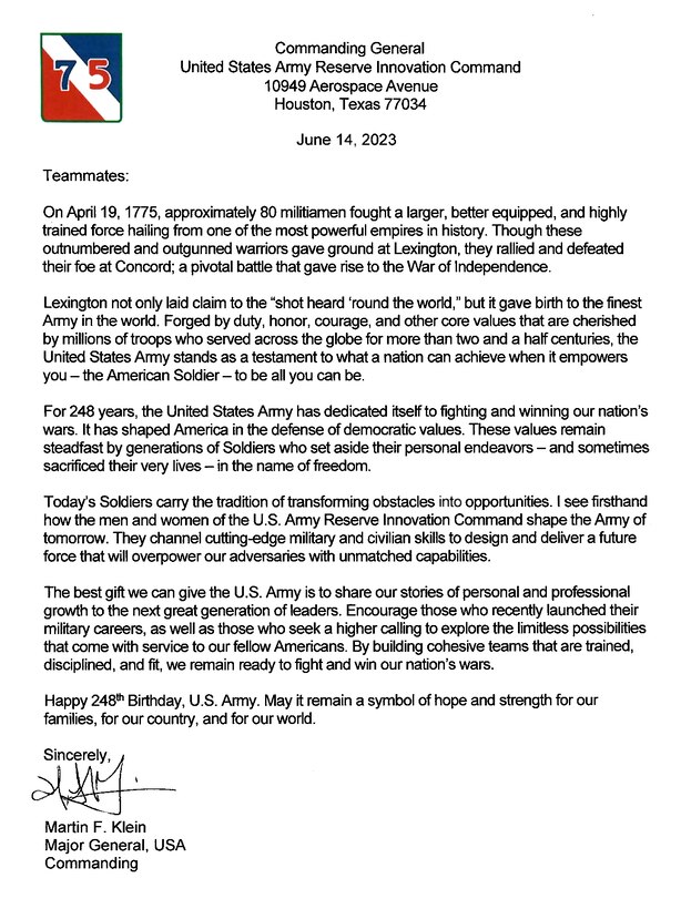 The 75th Innovation Command joins U.S. Army Futures Command and the  U.S. Army Reserve in wishing the finest Army in the world - our Army, the  U.S. Army - a Happy 248th Birthday. 
May it continue to be a symbol of hope and strength for the world, and may it always empower you - the American #Soldier - to Be All You Can Be.