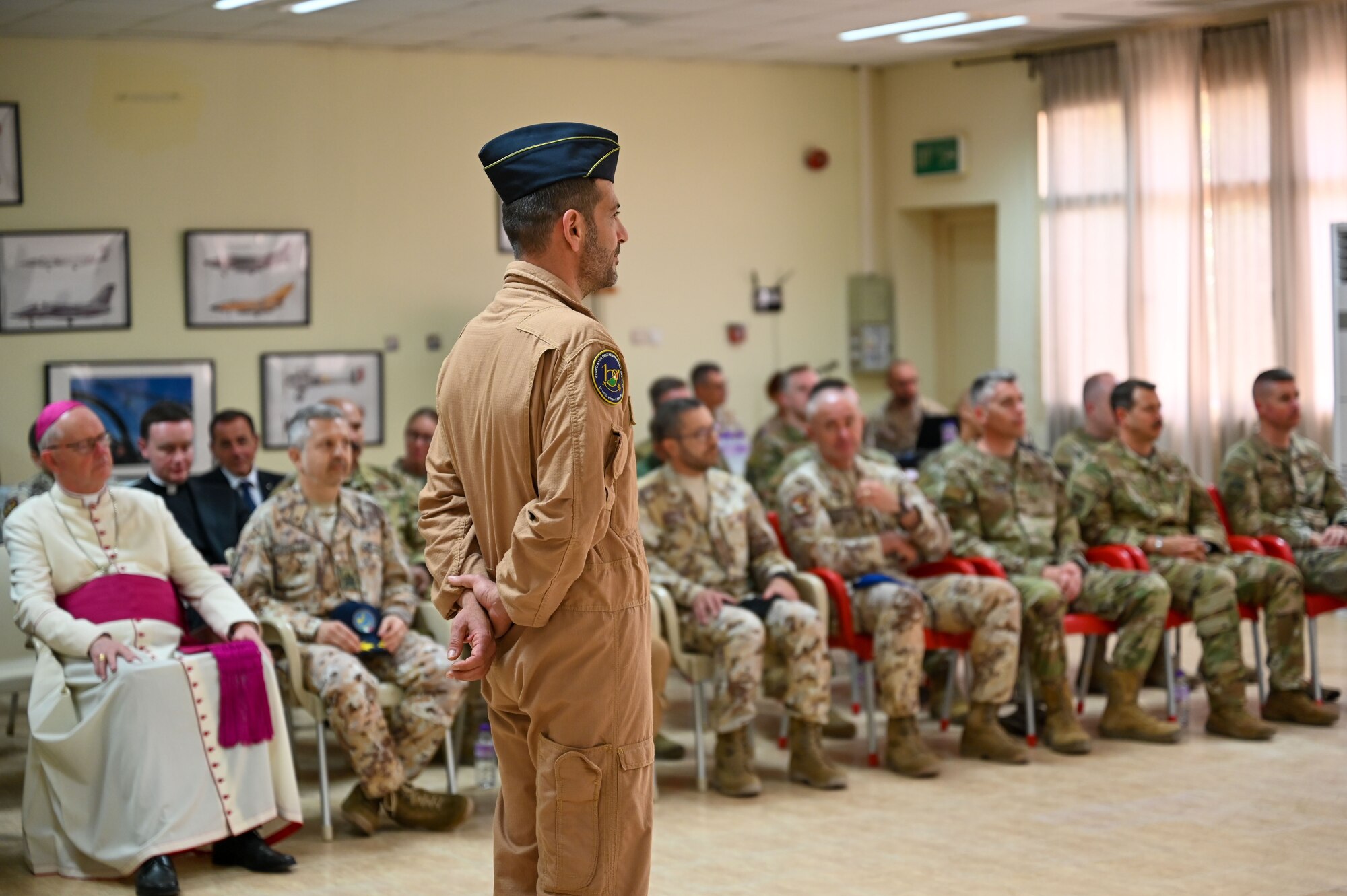 Col. George Buch, 386th Air Expeditionary Wing commander and multiple members of the 386th leadership team attend the Italian Air Force change of command ceremony at the Italian Camp on Ali Al Salem Air Base, Kuwait, June 8, 2023. The ceremony highlighted the true friendships that have been built over the last year between the Italian and U.S. Forces.