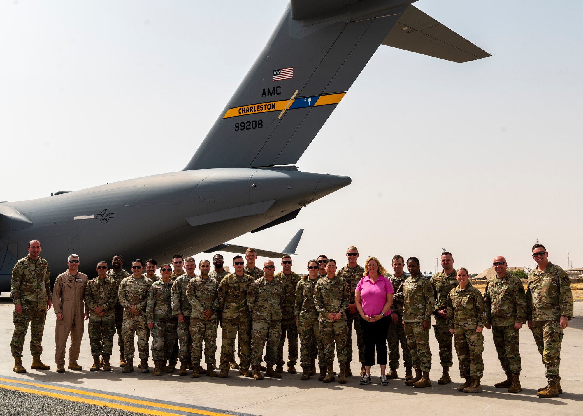 Members from 386th Air Expeditionary Wing and members from Joint Base Charleston’s lead wing site visit team, stand for a photo at Ali Al Salem Air Base, Kuwait, 11 June 2023