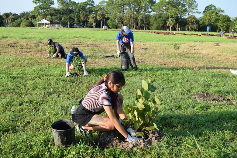 Student volunteers plant trees to reforest a large open field.