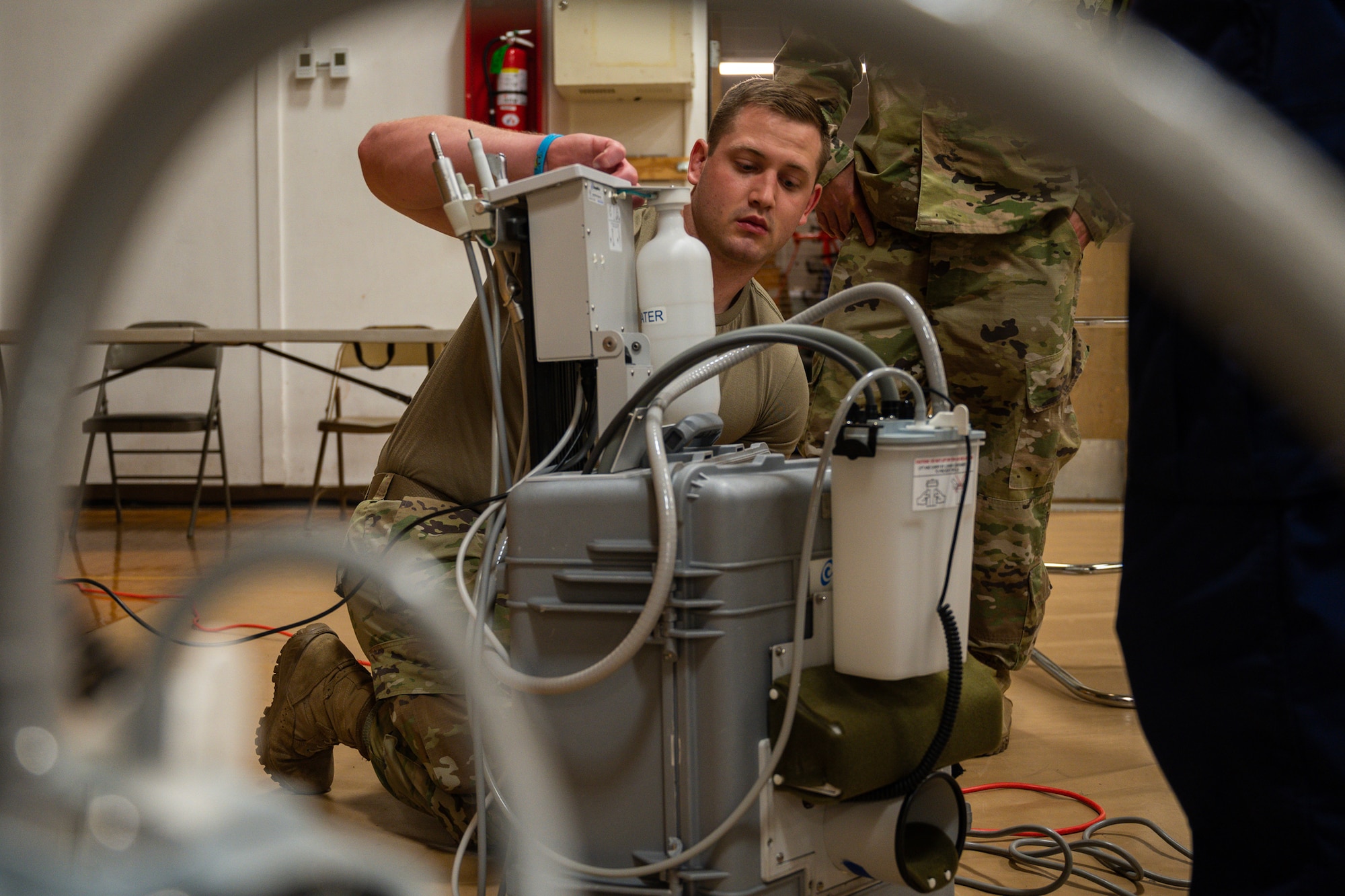 U.S. Army Reserve Spc. James Stammer, biomedical equipment specialist for the 332nd Medical Logistics Company, Weldon Springs, Missouri, prepares a portable dental unit, June 10, 2023, at Three Rivers College, Poplar Bluff, Missouri. Stammer is one of many service members supporting Operation Healthy Delta Innovative Readiness Training (IRT) in the Southern Missouri and Illinois regions. IRT missions provide service members with training and readiness skills while also helping to support local community needs. (U.S. Air National Guard photo by Senior Airman Whitney Erhart)