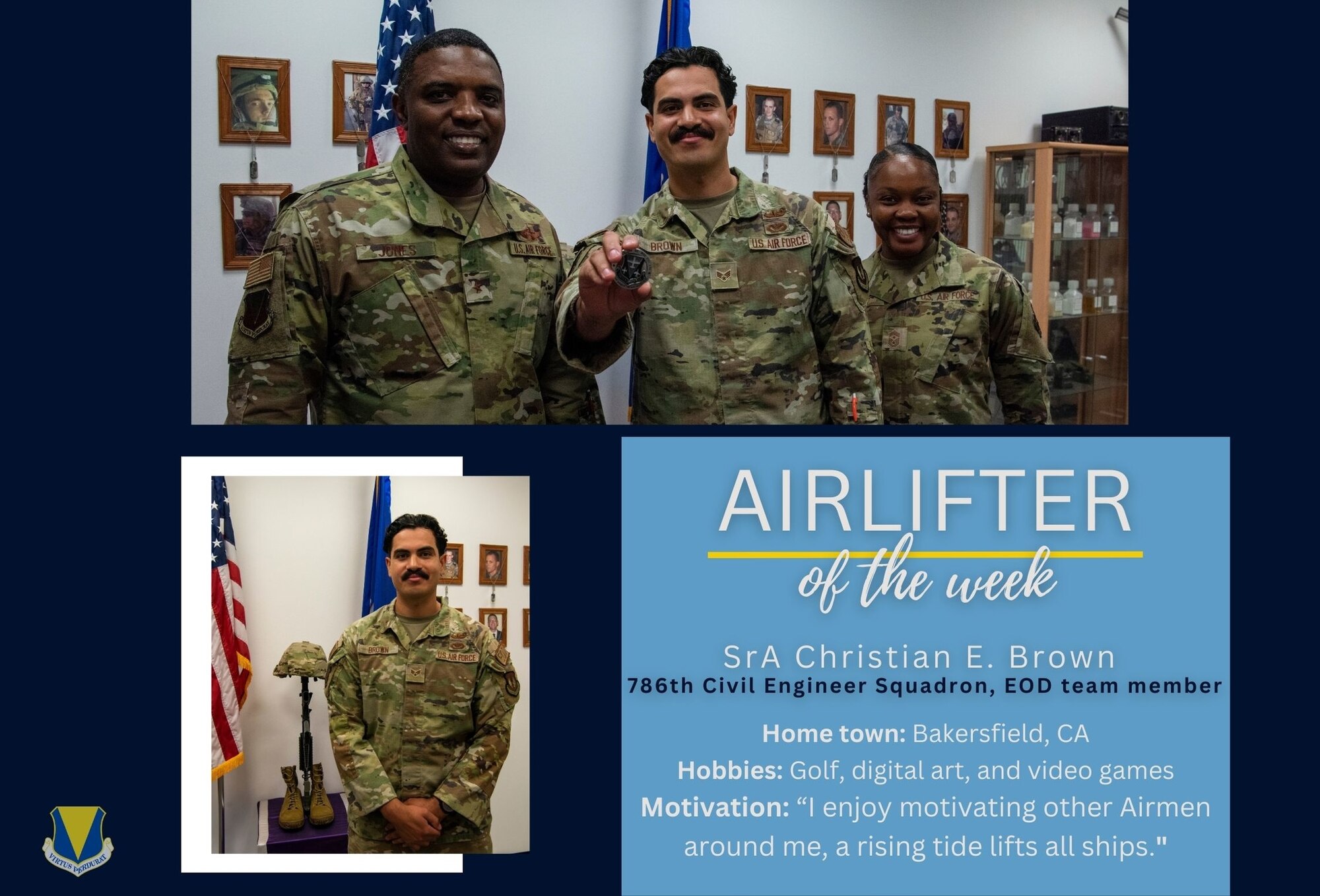 This graphic was created for the Airlifter of the Week, Senior Airman Christian Brown, 786th Civil Engineer Squadron explosive ordnance disposal technician, at Ramstein Air Base, Germany, June, 14, 2023.