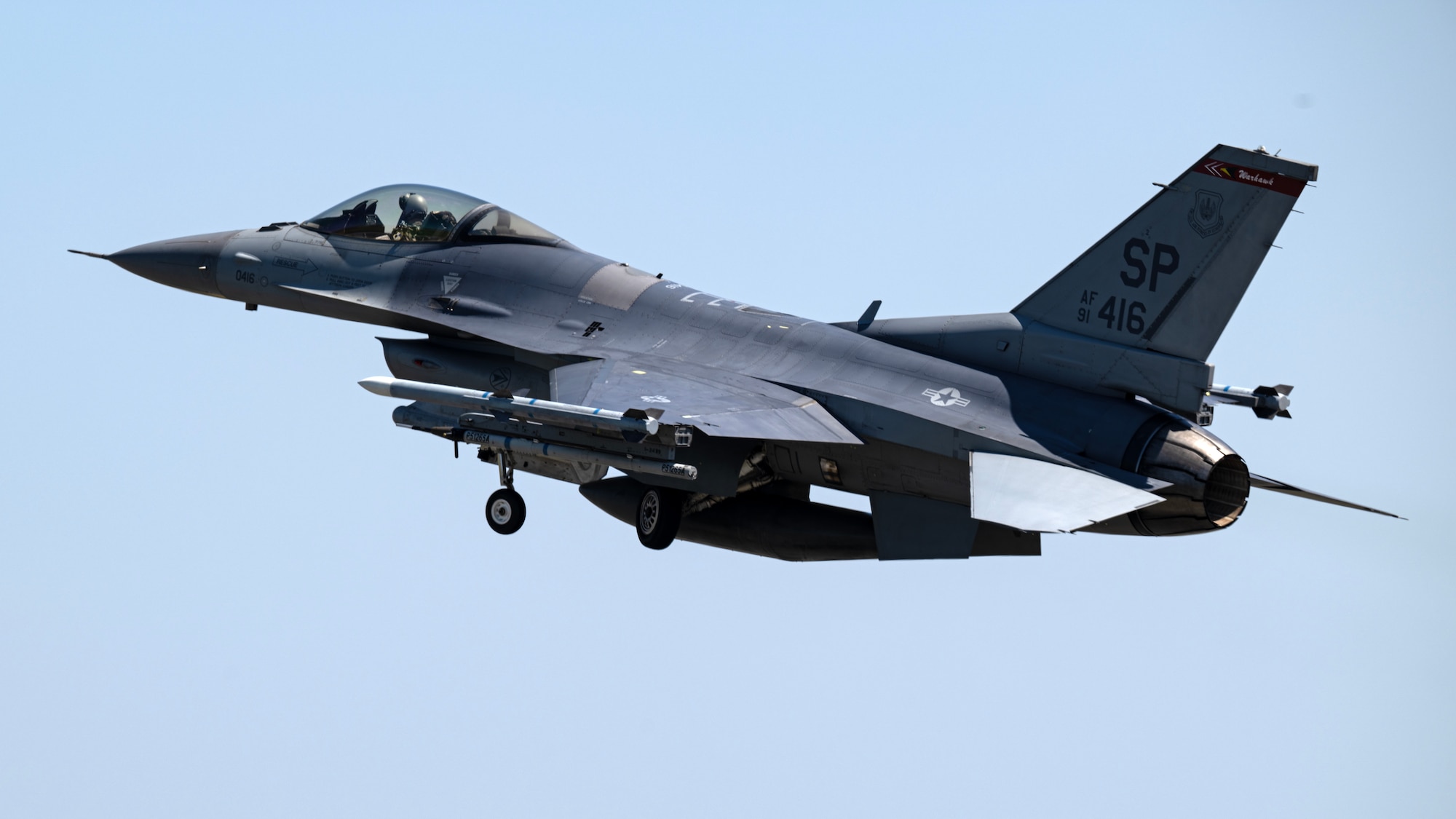 A U.S. Air Force F-16 Fighting Falcon assigned to the 52nd Fighter Wing, takes off from the flight line at Spangdahlem Air Base, Germany, during Air Defender 23 (AD23), June 13, 2023. The 480th Generation Squadron is the only active duty Air Force fighter unit participating in the German-led collective defense exercise. The U.S. is committed to maintaining a credible and permanent presence in Europe. The relationships built over the last 74 years provide a strong foundation with strategic access to respond to threats against the United States as well as threats to our NATO allies and partners. (U.S. Air Force photo by Tech. Sgt. Anthony Plyler)