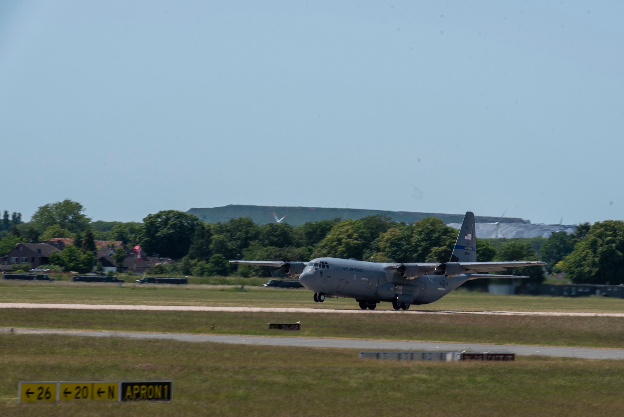 A U.S. Air Force C-130J Super Hercules aircraft operated by the 123rd Airlift Wing, Kentucky National Guard, lifts off during exercise Air Defender 2023 at Wunstorf Air Base, Wunstorf, Germany, June 4, 2023. Exercise AD23 integrates both U.S. and Allied airpower to defend shared values, while leveraging and strengthening vital partnerships to deter aggression around the world. (U.S. Air National Guard photo by Staff Sgt. Paul Helmig)