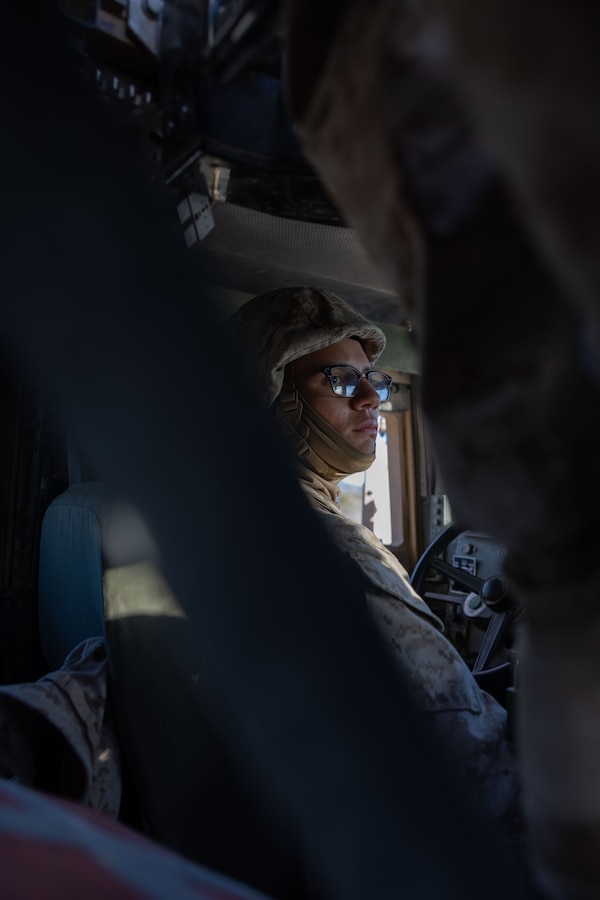 U.S. Marine Corps Lance Cpl. Daniel MaciasIntriago, a motor vehicle operator assigned to Marine Wing Support Squadron 472, Marine Aircraft Group 49, 4th Marine Aircraft Wing, Marine Forces Reserve, operates a Humvee at Marine Corps Air-Ground Combat Center Twentynine Palms, California, as part of Integrated Training Exercise 4-23, June 14, 2023. As the Marine Corps Reserve’s premier annual training event, ITX provides opportunities to mobilize geographically dispersed forces for a deployment; increase combat readiness and lethality; and exercise MAGTF command and control of battalions and squadrons across the full spectrum of warfare. MaciasIntriago is a native of Suffern, New York and attended Suffern High School. (U.S. Marine Corps Photo by Lance Cpl. Juan Diaz)