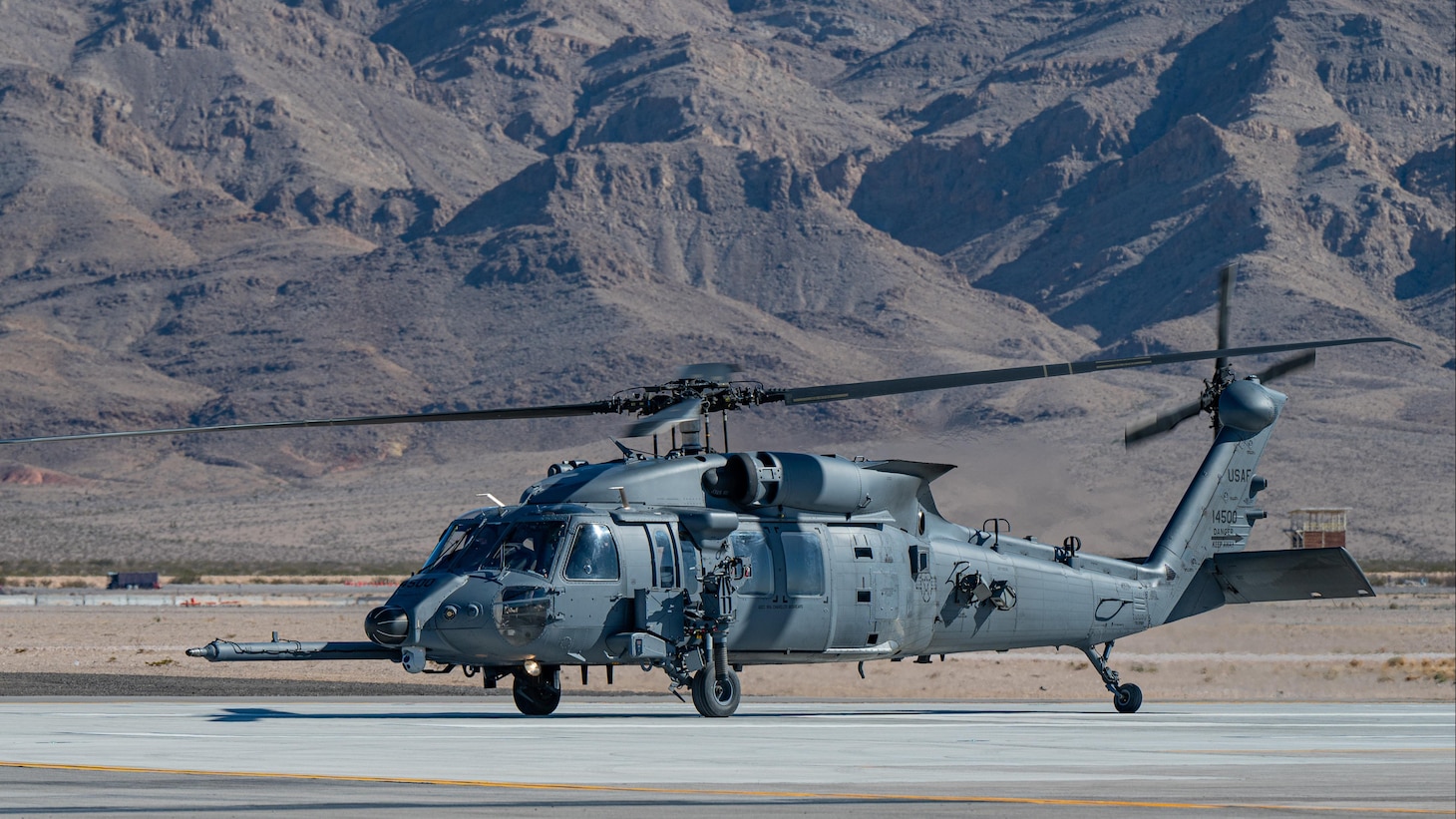 An HH-60W Jolly Green II helicopter from the 66th Rescue Squadron taxis at Nellis Air Force Base, Nevada, Feb. 8.