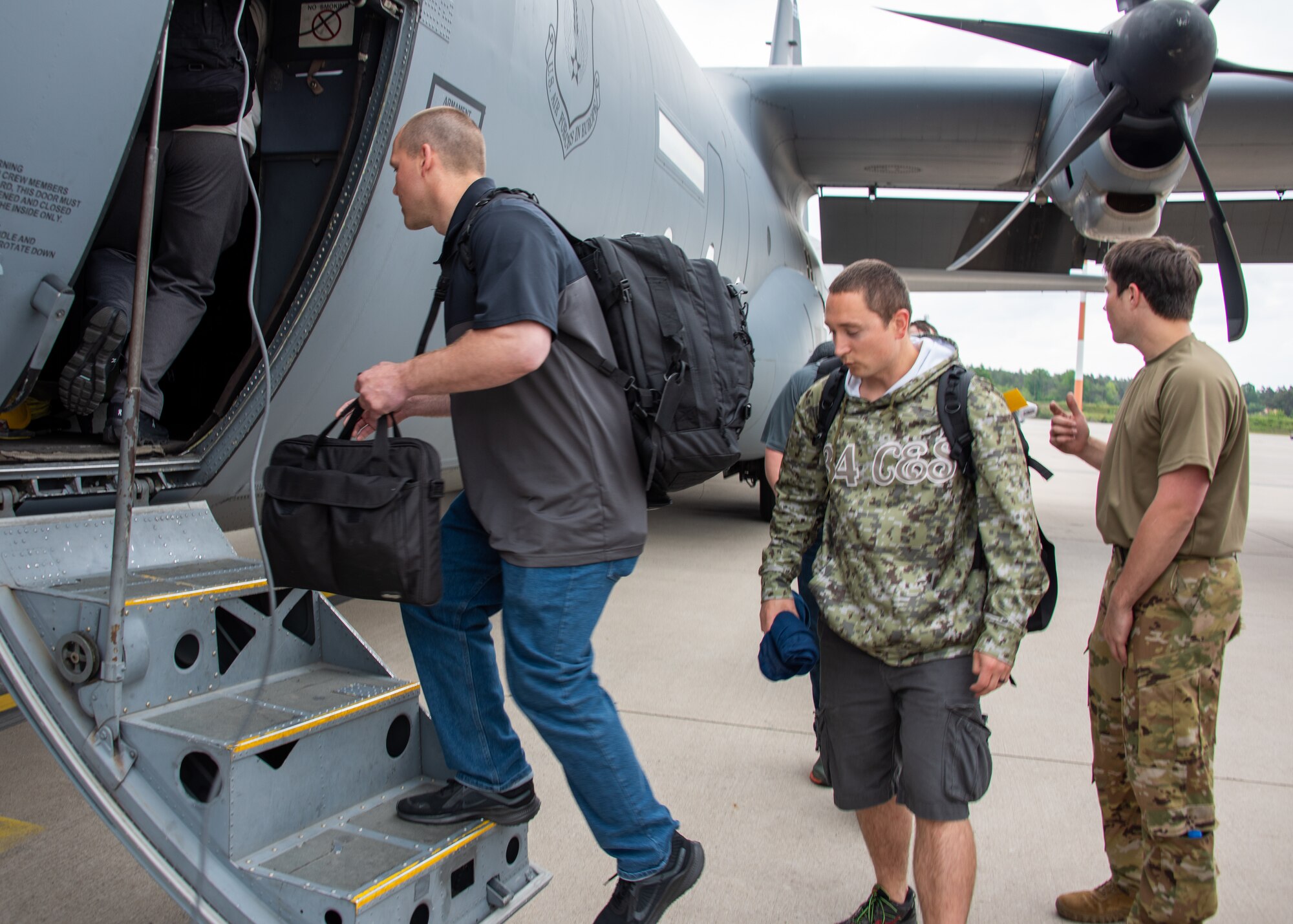 U.S. Air Force Airmen board a C-130J Super Hercules at Ramstein Air Base, Germany, May 23, 2023.