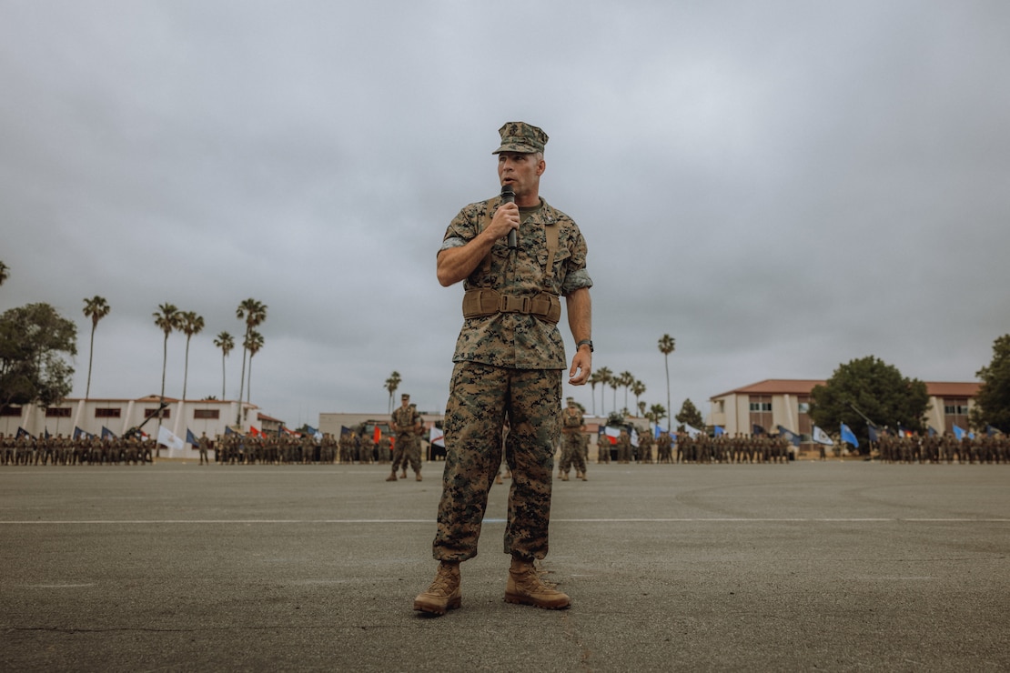 The ceremony served the official start of the MEU’s training cycle, during which the 15th MEU command element gained the subordinate elements of Battalion Landing Team 1/5, Combat Logistics Battalion 15, and Marine Medium Tiltrotor Squadron (VMM) 165, forming a Marine Air-Ground Task Force. (U.S. Marine Corps photo by Lance Cpl. Joseph Helms)