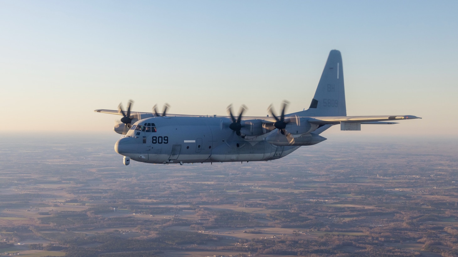 U.S. Marines with Marine Aerial Refueler Transport Squadron 252 (VMGR-252) fly a KC-130J Super Hercules in formation over Virginia.