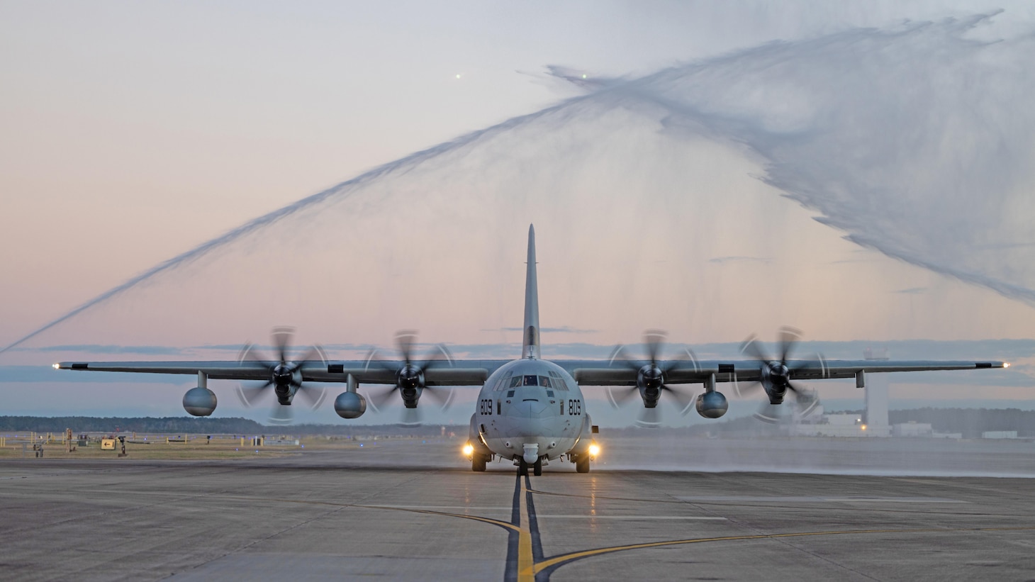 U.S. Marines with Marine Aerial Refueler Transport Squadron (VMGR) 252 taxi a KC-130J Super Hercules at Marine Corps Air Station Cherry Point.