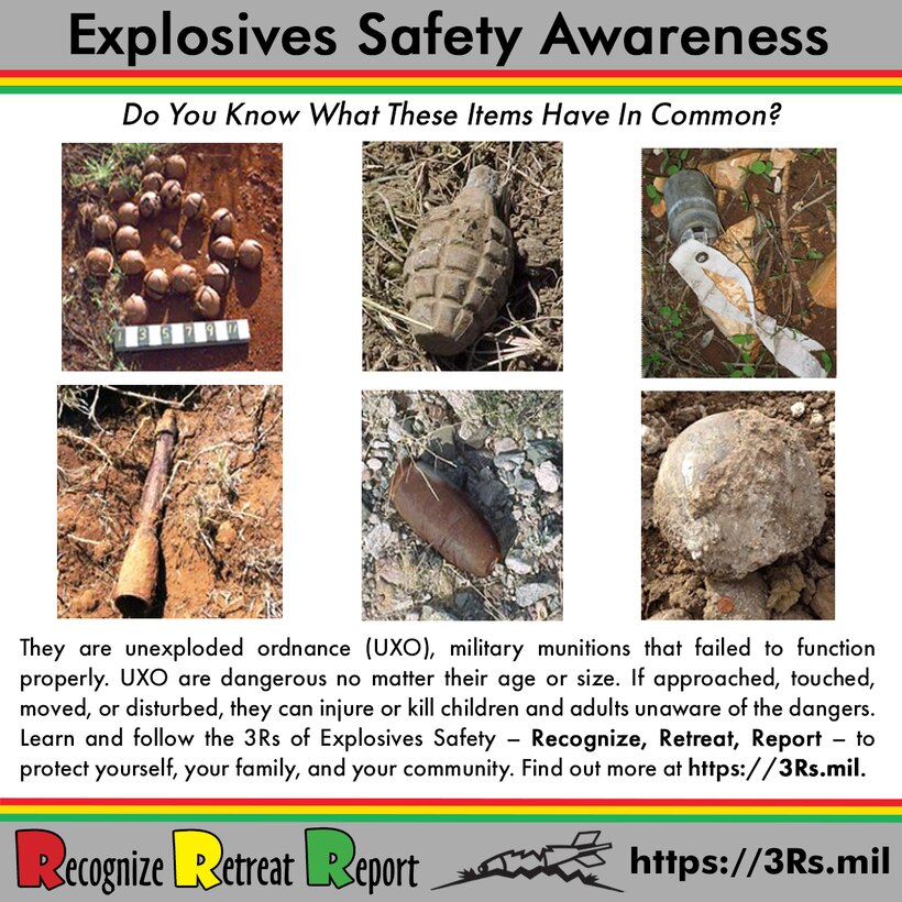 Since 2000, the Army’s 3Rs Explosives Safety Program, which focuses on Recognizing, Reporting and Responding to explosive hazards, has played a pivotal role in preventing accidents and ensuring the safety of personnel and communities by promoting awareness and safe handling practices. (Graphic courtesy of the Three Rs Explosives Safety Program)