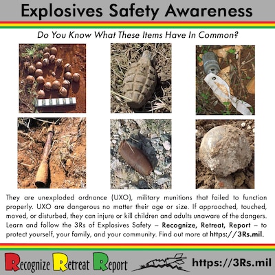 Since 2000, the Army’s 3Rs Explosives Safety Program, which focuses on Recognizing, Reporting and Responding to explosive hazards, has played a pivotal role in preventing accidents and ensuring the safety of personnel and communities by promoting awareness and safe handling practices. (Graphic courtesy of the Three Rs Explosives Safety Program)