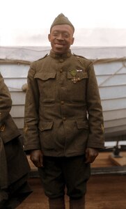 New York Army National Guard Sgt. Henry Johnson, circa 1919. Johnson was part of the 369th Infantry Regiment Hellfighters from Harlem who fought under French command in WWI as an all-black combat unit. Johnson received the French Croix de Guerre for his actions defending his outpost and fellow Soldier Pvt. Needham Roberts May 15, 1918.