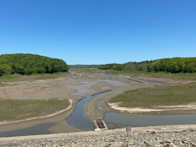A picture of the Union City Dam reservoir during low-pool conditions.