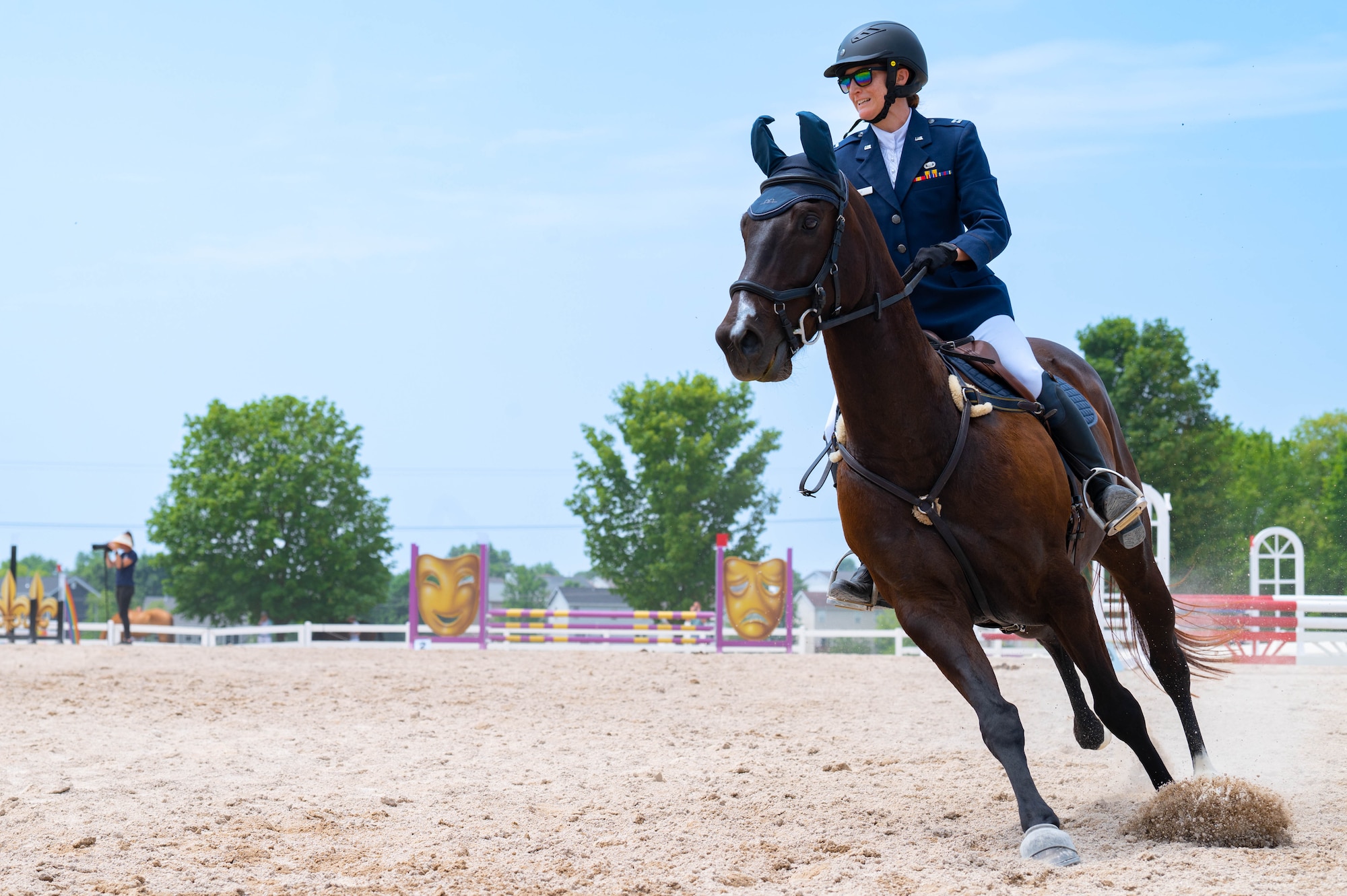 U.S. Air Force Capt. Magin Day, 375th Operational Medicine Readiness Squadron flight commander, makes a turn on Rumor, her horse, while competing on the first day of the two-day 2023 Queeny Park Equestrian Events Horse Trials at the National Equestrian Center, St. Louis, Missouri, June 10, 2023. Day represented the Air Force and competed in her dress blues uniform during the event. (U.S. Air Force photo by Airman 1st Class De’Quan Simmons)
