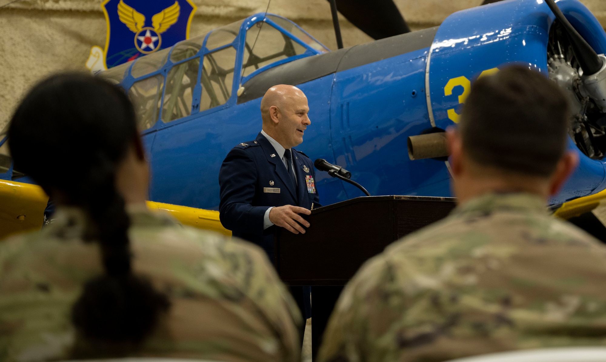 U.S. Air Force Col Joseph Sheffield, 28th Bomb Wing commander, gives a speech during a change of command at Ellsworth Air Force Base, South Dakota, June 15, 2023.