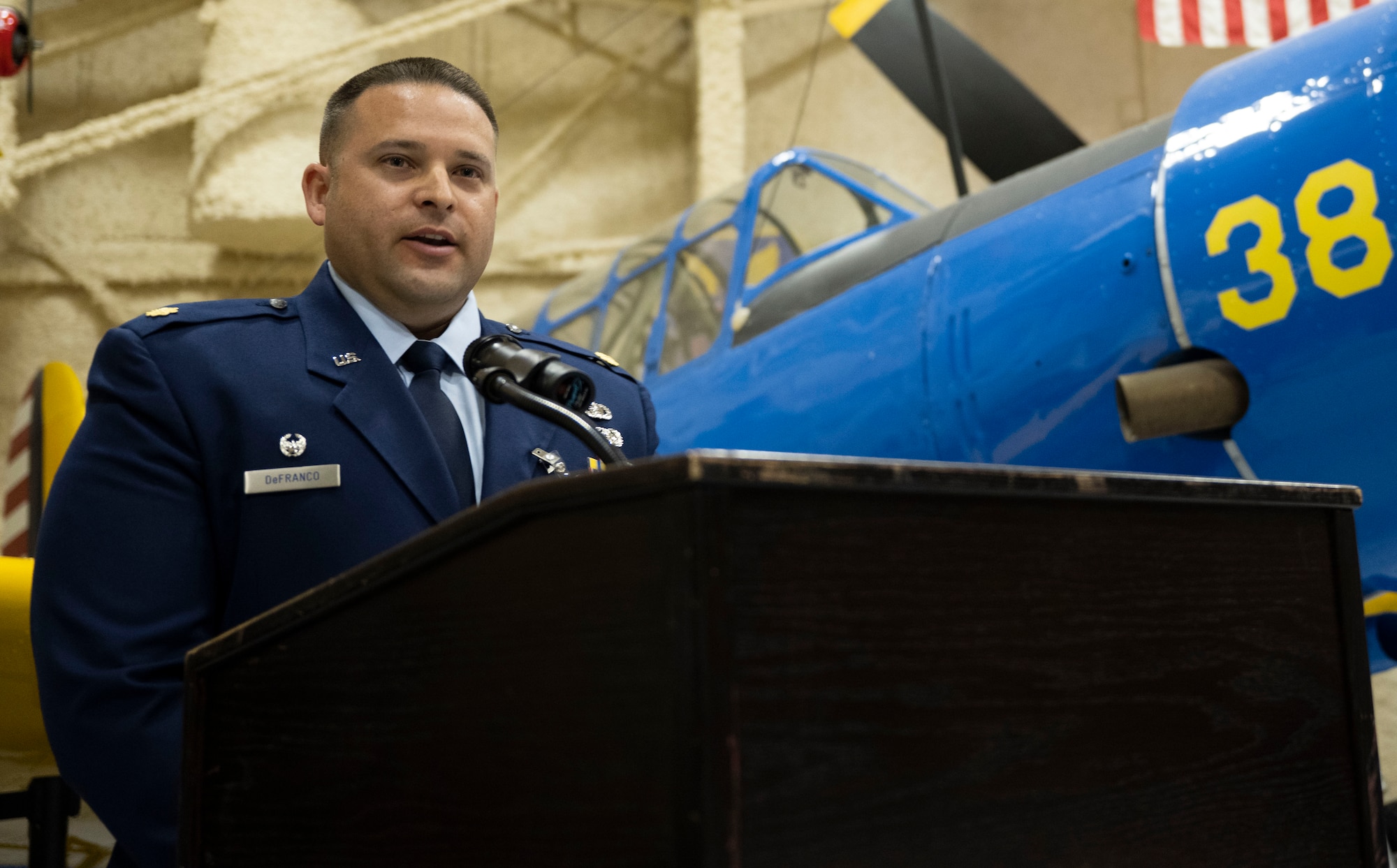 U.S. Air Force Maj Nicholas DeFranco, outgoing 28th Comptroller Squadron commander, gives a speech during a change of command ceremony at Ellsworth Air Force Base, South Dakota, June 15, 2023.