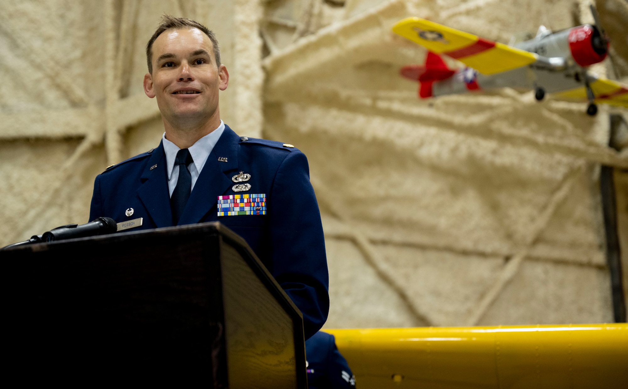 U.S. Air Force Maj John “Jack” Rosson, incoming 28th Comptroller Squadron commander, gives a speech at Ellsworth Air Force Base, South Dakota, June 15, 2023.