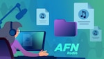 Illustration of an individual sitting at a desk, working on a computer and wearing headphones with sound files, folders and a microphone in the background.